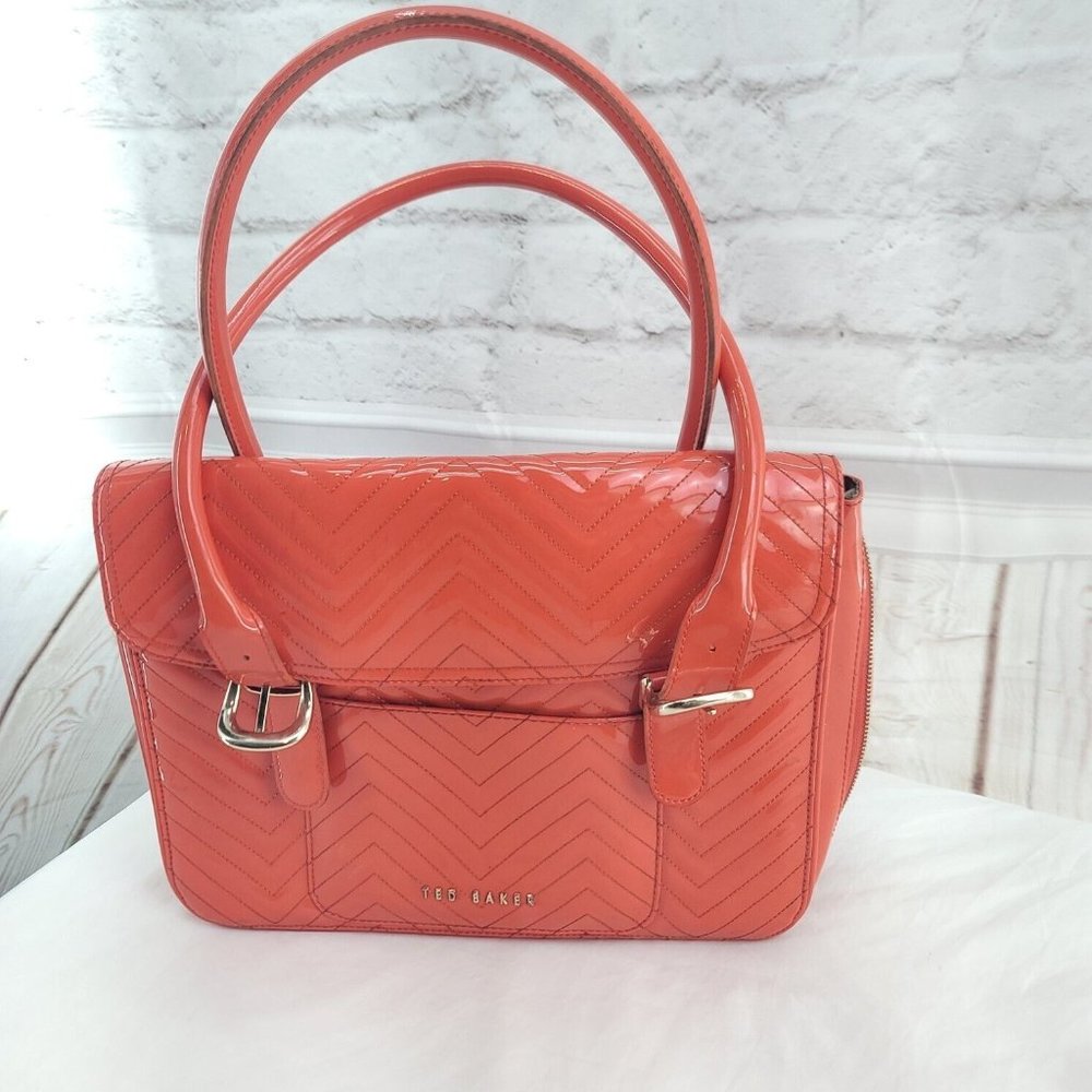 Ted Baker Womens Orange Leather Quilted Inner Dividers Top Handle Satchel Bag